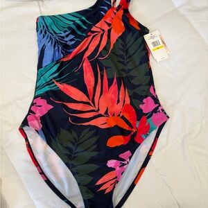 Jessica Simpson One-Shoulder Leaf Print Swimsuit